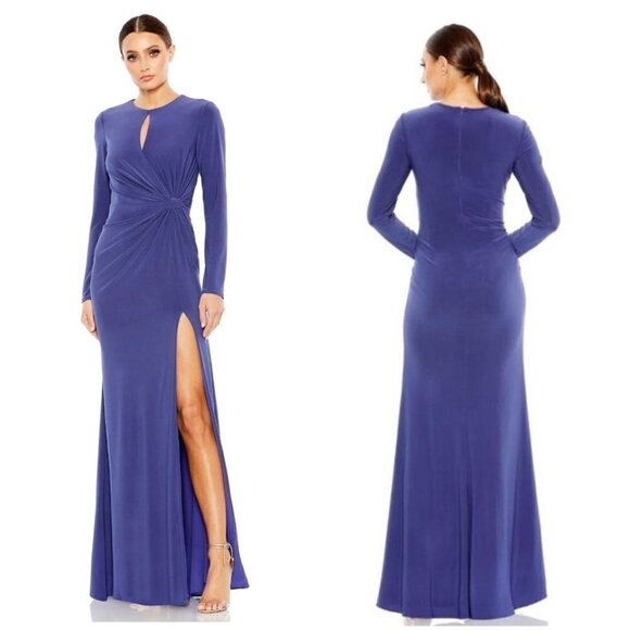 MAC DUGGAL Ruched Keyhole Long Sleeve Jersey Gown in Indigo Size US 12 - Picture 1 of 11